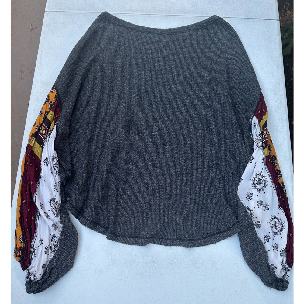 Free People We The Free Blossom Gray Thermal Top Patchwork Balloon Slv Sz M Boho - Picture 13 of 16